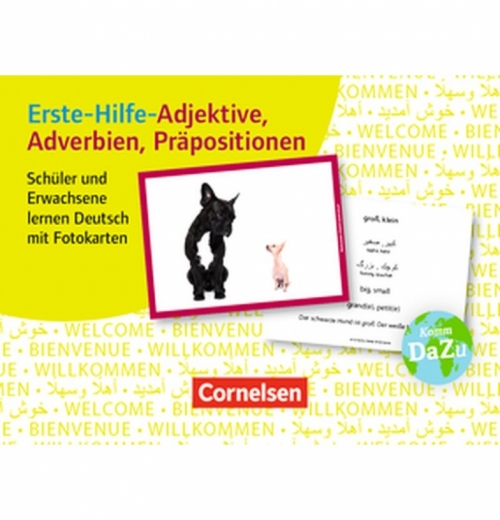 Erste-Hilfe-Adjektive, Adverbien, Prapositionen. Schuler und Erwachsene lernen Deutsch mit Fotokarten 
